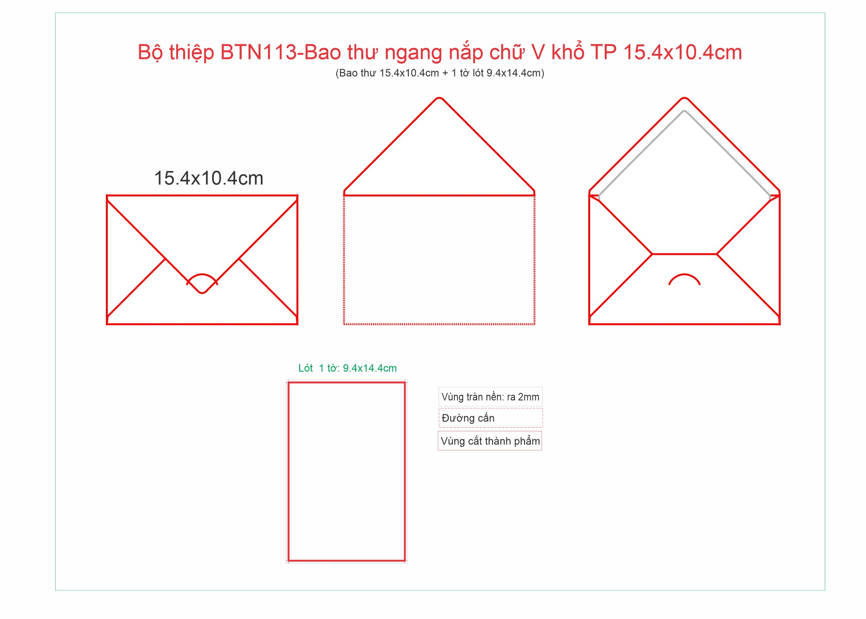 Bộ thiệp BTN113-Bao thư ngang nắp chữ V khổ TP 15.4x10.4cm
